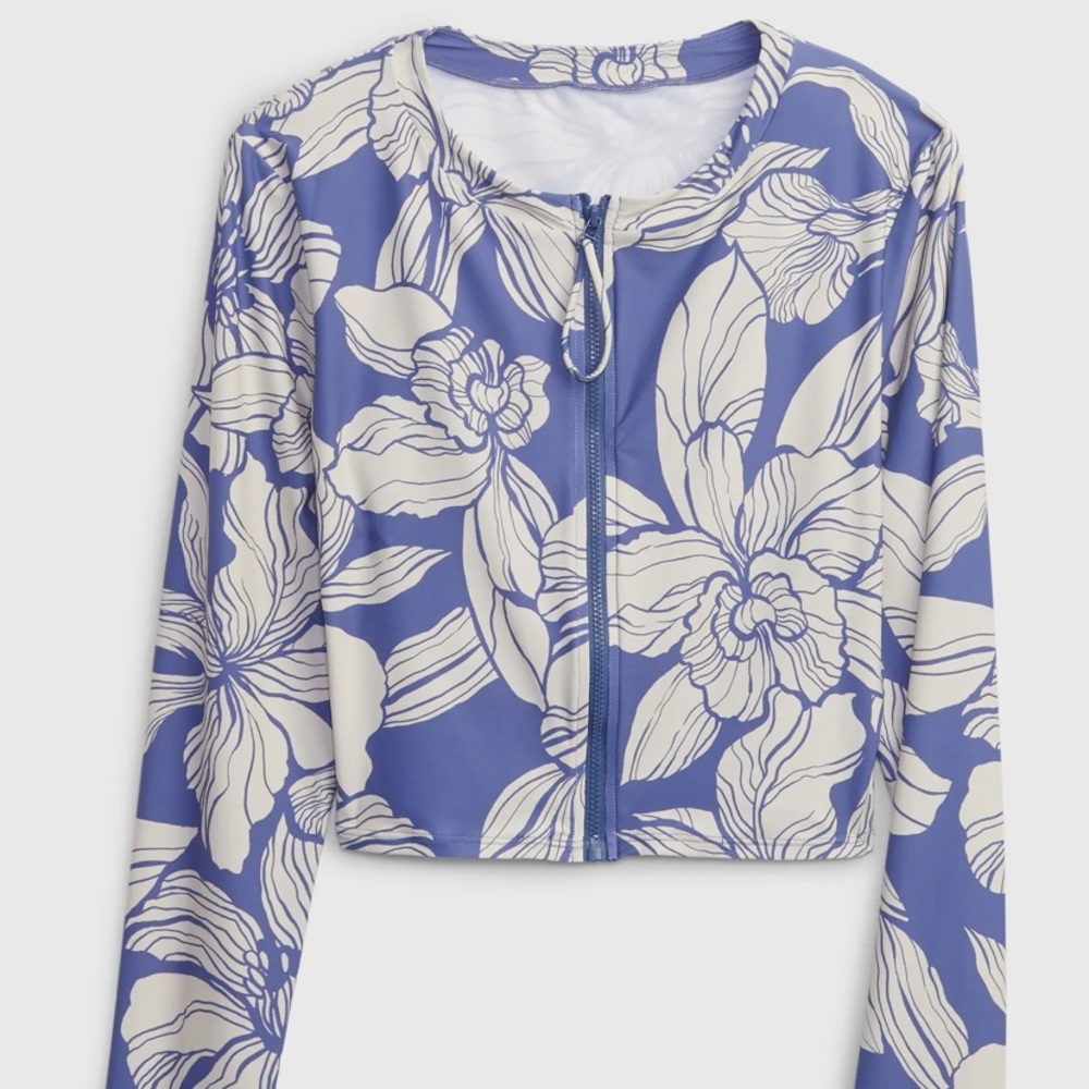 GAP Recycled Cropped Rash Guard - Blue Floral - Sz M - NWT